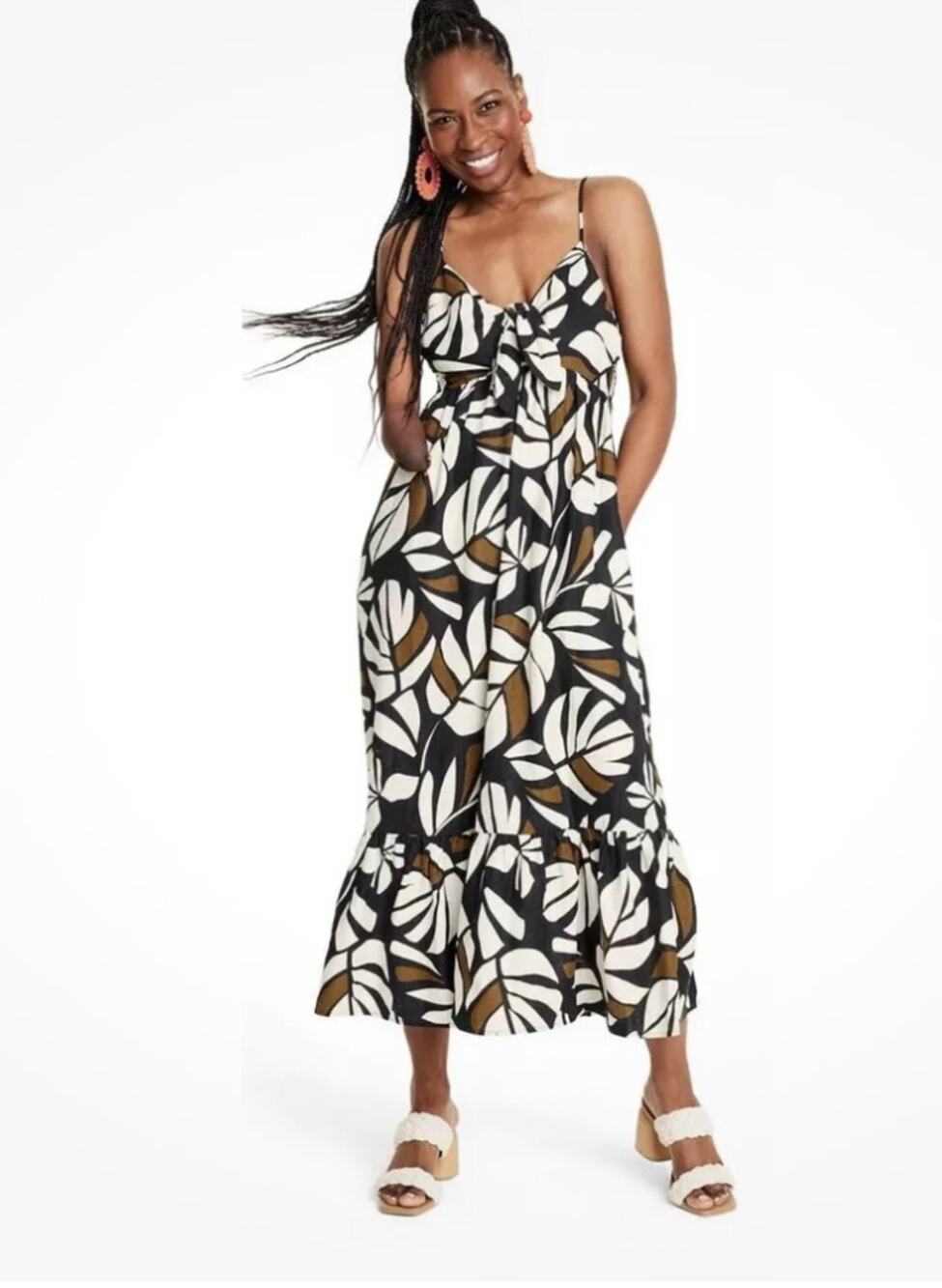 Tabitha Brown Linen Blend Knot Front Max Sundress Banana Leaf Print S